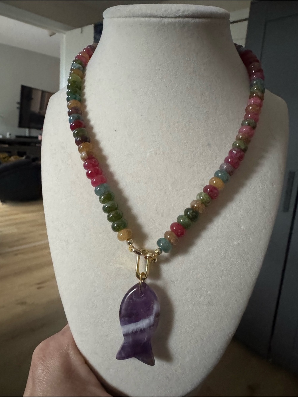 Multi-Color Beaded Necklace with Purple Amethyst Fish Pendant